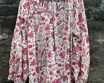 handmade floral Block Print Cotton Blouse Top - Boho Peasant Top With Long Sleeves Lightweight Summer Tunic | Indian Ethnic wear