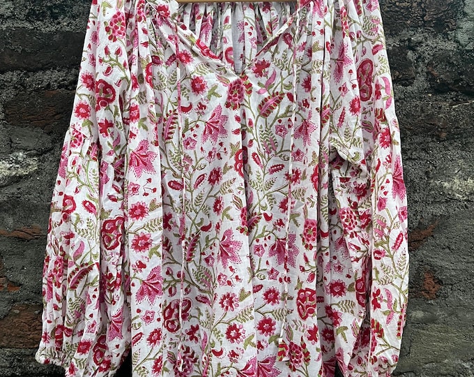 handmade floral Block Print Cotton Blouse Top - Boho Peasant Top With Long Sleeves Lightweight Summer Tunic | Indian Ethnic wear