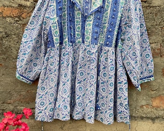 Aus reiner Baumwolle blau Kyra Top Boho Bluse Top Casual Wear Daywear Indian Block Print Lange Ärmel Tunika Leichte Sommerkleidung
