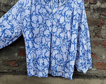Pure Cotton blue Floral Bohemian Blouse Top Casual Wear Daywear Indian block Print Long Sleeves Tunic Lightweight Summer Wear