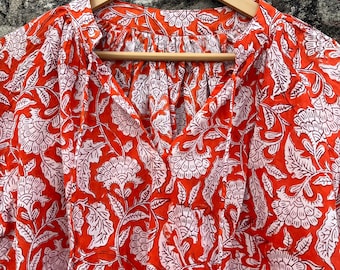 Pure Cotton Orange Floral Bohemian Blouse Top Casual Wear Daywear Indian block Print Long Sleeves Tunic Lightweight Summer Wear