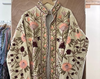 Ivory Velvet Suzani Jacket | Hand Embroidery Floral Boho Jacket | Vintage Style Artisan Ethnic Outerwear
