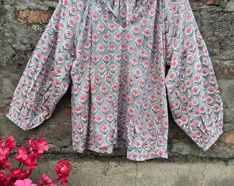 Pure Cotton Grey with pink floral Bohemian Blouse Top Casual Wear Daywear Indian block Print Long Sleeves Tunic Lightweight Summer Wear