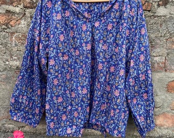 Pure Cotton Blue And Pink Floral Bohemian Blouse Top Casual Wear Daywear Indian block Print Long Sleeves Tunic Lightweight Summer Wear