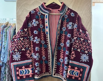 Wine Velvet Suzani Jacket | Hand Embroidery Floral Boho Jacket | Artisan Ethnic Statement Outerwear for Women