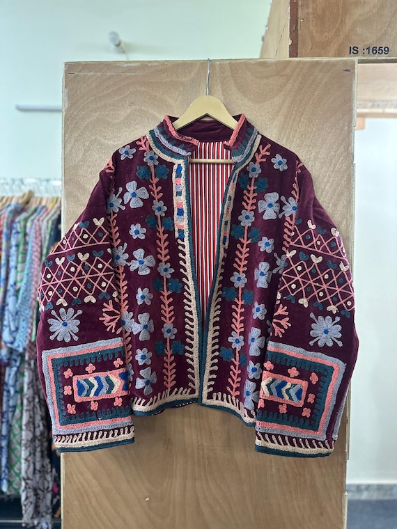 Wine Velvet Suzani Jacket | Hand Embroidery Floral Boho Jacket | Artisan Ethnic Statement Outerwear for Women