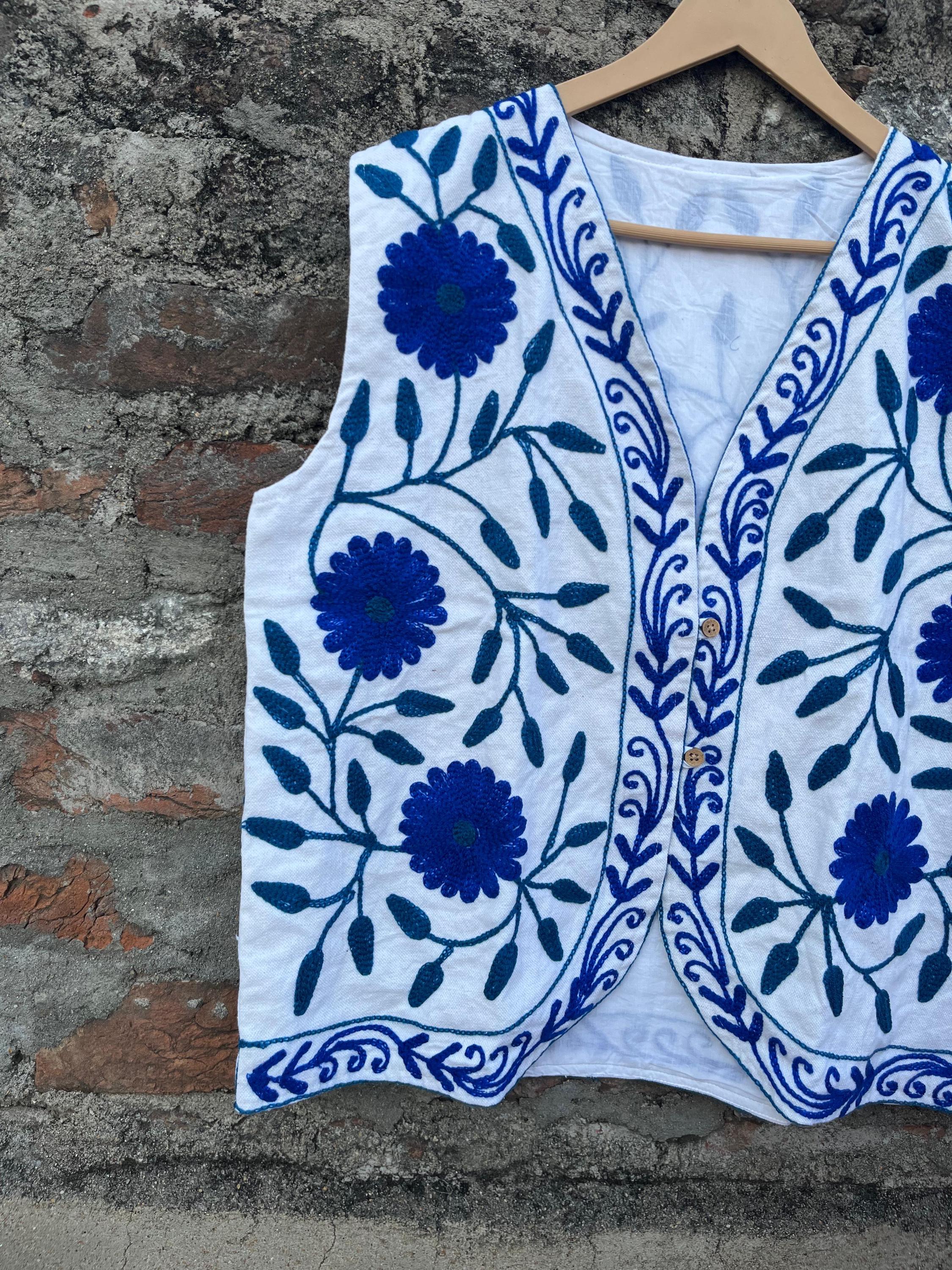 Handmade Cotton Vest With Blue Floral Embroidery | Boho Ethnic ...