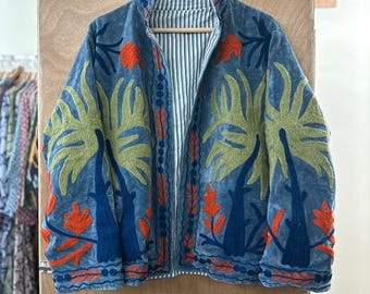 Blue Velvet Suzani Jacket | Hand Embroidery Floral Boho Jacket | Boho Statement Outerwear | Artisan Ethnic Jacket For Women