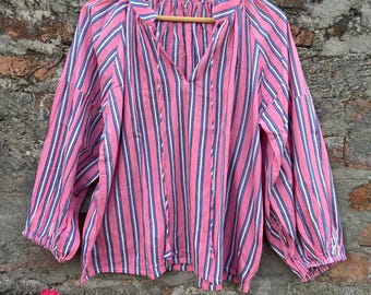 Pure Cotton Bold Pink Stripes Bohemian Blouse Top Casual Wear Daywear Indian block Print Long Sleeves Tunic Lightweight Summer Wear