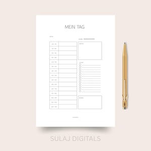 Könnte beinhalten: Ein weißer Tagesplaner mit dem deutschen Text "MEIN TAG" und einem goldenen Stift. Der Planer hat Abschnitte für Zeitfenster, Notizen und To-Do-Listen. Der Text "SULAJ DIGITALS" steht unten.