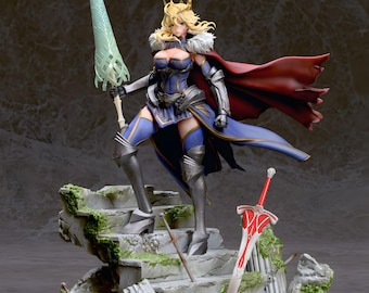 May include: A detailed figurine of a female warrior in a blue and silver outfit, holding a spear and standing on stone steps. She wears a red cape and a crown. A sword is on the steps. The base is detailed with moss and fallen swords.