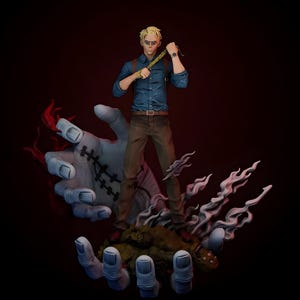 May include: A detailed figurine of a character in a blue shirt and brown pants, holding a weapon. The figure stands on a hand-shaped base with stitched details, surrounded by smoke-like effects, against a dark red background.