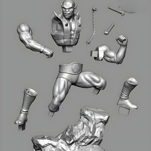 Puede incluir: Modelo gris impreso en 3D de una figura humanoide musculosa, desmontada en partes separadas. Los componentes incluyen un busto, brazos, piernas, botas y una base rocosa. Tambi&eacute;n se incluye una cadena y otras piezas peque&ntilde;as.