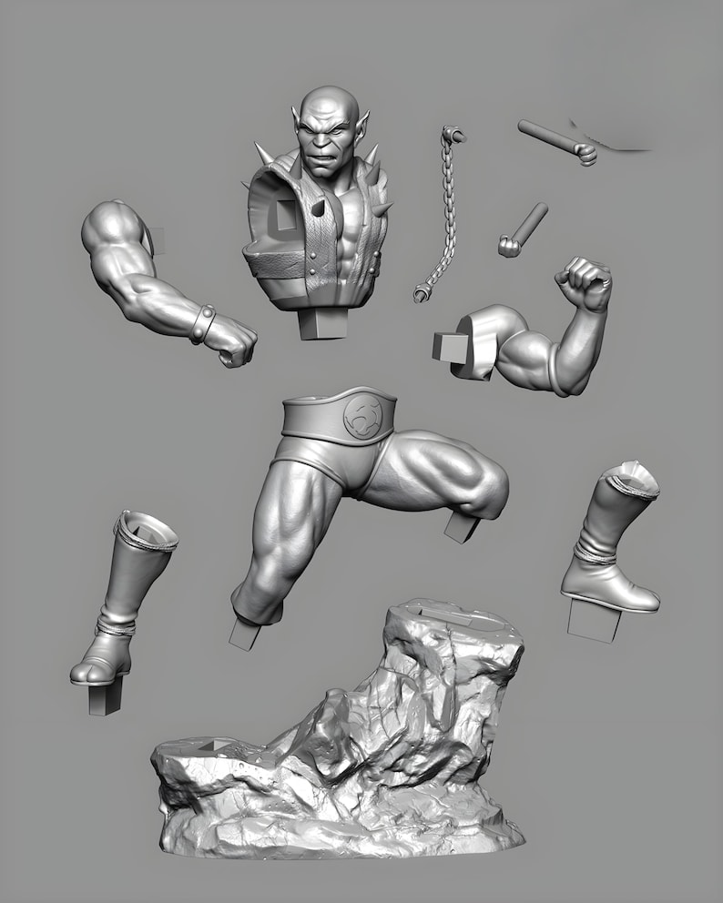 Puede incluir: Modelo gris impreso en 3D de una figura humanoide musculosa, desmontada en partes separadas. Los componentes incluyen un busto, brazos, piernas, botas y una base rocosa. Tambi&eacute;n se incluye una cadena y otras piezas peque&ntilde;as.