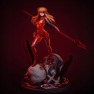 May include: A red and black figurine of a female anime character holding a spear. The figure is standing on a base with skulls and other elements. The character has long orange hair and is wearing a red suit.