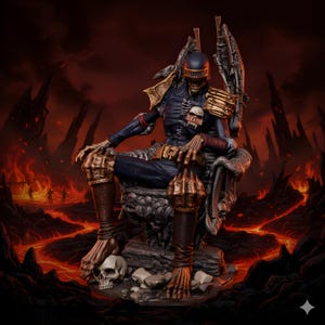 May include: A detailed statue of Judge Death seated on a throne, set against a fiery, hellish backdrop. The figure is clad in a dark blue uniform with a skull emblem and the word "DEATH". The throne is intricately designed with skulls and a menacing aesthetic.
