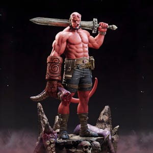 Op de afbeelding: Een roodhuidige, gespierde figuur met hoorns, een staart en een groot zwaard. De figuur draagt een korte broek, laarzen en een riem met een holster. De figuur staat op een rotsachtige basis met tentakels en schedels.