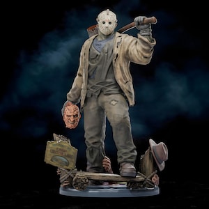 May include: A detailed figurine of Jason Voorhees from the Friday the 13th horror film series. The figure is wearing a hockey mask, holding an axe, and a severed head. The base includes a sign that reads "Welcome to Camp Crystal Lake."