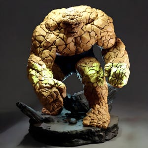 Könnte beinhalten: Detaillierte Statue von The Thing, einem Superhelden mit felsigem, orangebraunem Aussehen. Die Figur posiert auf einem Steinsockel und trägt blaue Shorts. Die Textur und Muskulatur der Statue sind sehr detailliert.