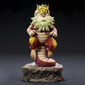 May include: A detailed figurine of a seated, mythical creature with yellow and red fur, a long beard, and horns. The figure has a light brown body and is perched on a rocky base. The creature's expression is gentle, and the overall design is whimsical.