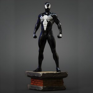 May include: A black and white Spider-Man statue. The figure stands on a brick and stone base. The superhero is wearing a black suit with a white spider emblem on the chest and back. The statue has a glossy finish and is posed heroically.