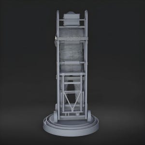 May include: A gray figure in a jumpsuit is secured within a gray hand truck. The hand truck has a rectangular frame with wheels and a platform base. The figure is facing away from the viewer, with the back of the jumpsuit visible.