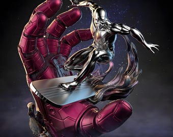 Figura STL de Cosmic Silver Rider / Modelo STL de Space Surfer Hero / Figura para impresión 3D / Escultura digital coleccionable de guerrero galáctico