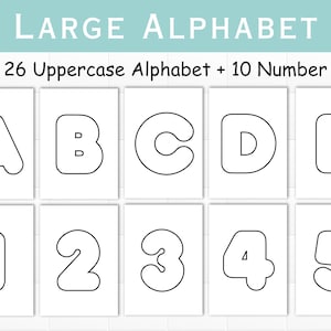 Könnte beinhalten: Weiße Karten mit schwarzen Umrissen der Großbuchstaben A bis E und der Zahlen 1 bis 5. Der Text "LARGE ALPHABET" und "26 Uppercase Alphabet + 10 Number" stehen oben. Geeignet für Bildung und Dekoration.