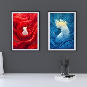 White Cockatoo Wall Art Set | Blue & Red Abstract Bird Prints | Modern Tropical Animal Decor | Digital Download