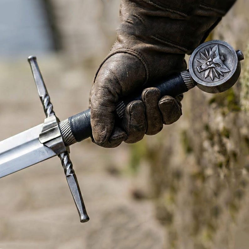 May include: A silver sword with a black leather-wrapped handle and a circular pommel featuring a wolf emblem. The sword is held by a gloved hand, showcasing the intricate details of the weapon's design.
