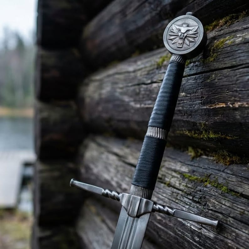 May include: A close-up of a sword with a silver blade and a black, leather-bound handle. The pommel has a circular emblem with a wolf's head. The sword rests against a weathered wooden wall, evoking a medieval or fantasy aesthetic.