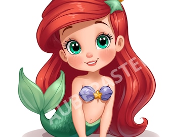 クリスマスベビーアリエルのクリップアート：水彩プリンセスPNG