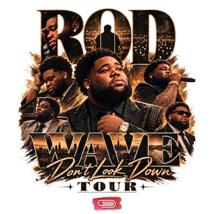 May include: A graphic design featuring multiple images of Rod Wave in suits, with the text ROD WAVE, Don't Look Down TOUR, and HAVEN. The composition uses a warm, sepia-toned color palette with dark shadows, showcasing the artist in various poses.