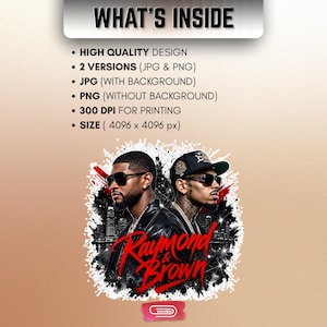 Digital bootleg rap tee graphic featuring R&B artists Usher and Chris Brown standing back-to-back wearing sunglasses and black jackets. The background showcases a high-contrast nighttime city skyline with glowing lights, abstract geometric stars, and bold red brushstroke text reading "Raymond & Brown".