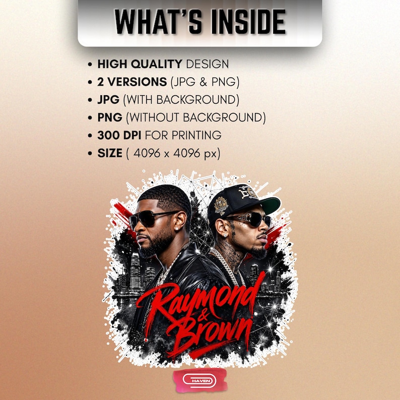 Digital bootleg rap tee graphic featuring R&B artists Usher and Chris Brown standing back-to-back wearing sunglasses and black jackets. The background showcases a high-contrast nighttime city skyline with glowing lights, abstract geometric stars, and bold red brushstroke text reading "Raymond & Brown".