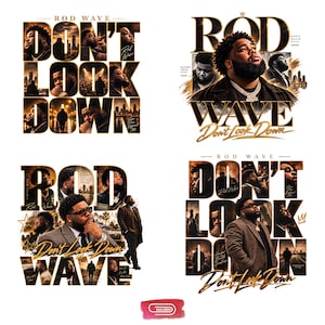 May include: A collection of four graphic designs featuring Rod Wave with the text "Rod Wave" and "Don't Look Down." The images include various portraits of the artist, city skylines, and concert scenes in a gold, black, and white color palette.