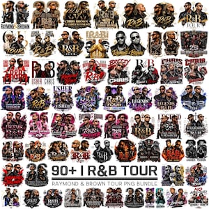 May include: A digital collection of over 90 graphic designs featuring Chris Brown and Usher, showcasing various R&B tour logos, concert imagery, and stylised text layouts in black, gold, red, and blue colour palettes for music merchandise.