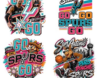 May include: Four vibrant San Antonio Spurs designs. One features a player with the text "The Alien" and "Wembanyama". Another says "Go Spurs Go". A third design has a fox wearing a sombrero. The last design has a cartoon kangaroo.