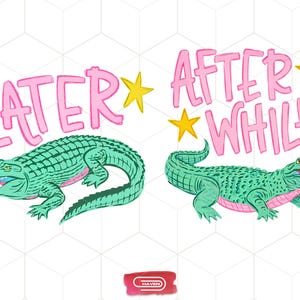Puede incluir: Ilustración de dos caimanes verdes con detalles rosas y bocas abiertas, acompañados de las frases "LATER" y "AFTER WHILE" en rosa, con acentos de estrellas amarillas y rosas. La obra de arte está sobre un fondo blanco con un patrón geométrico.