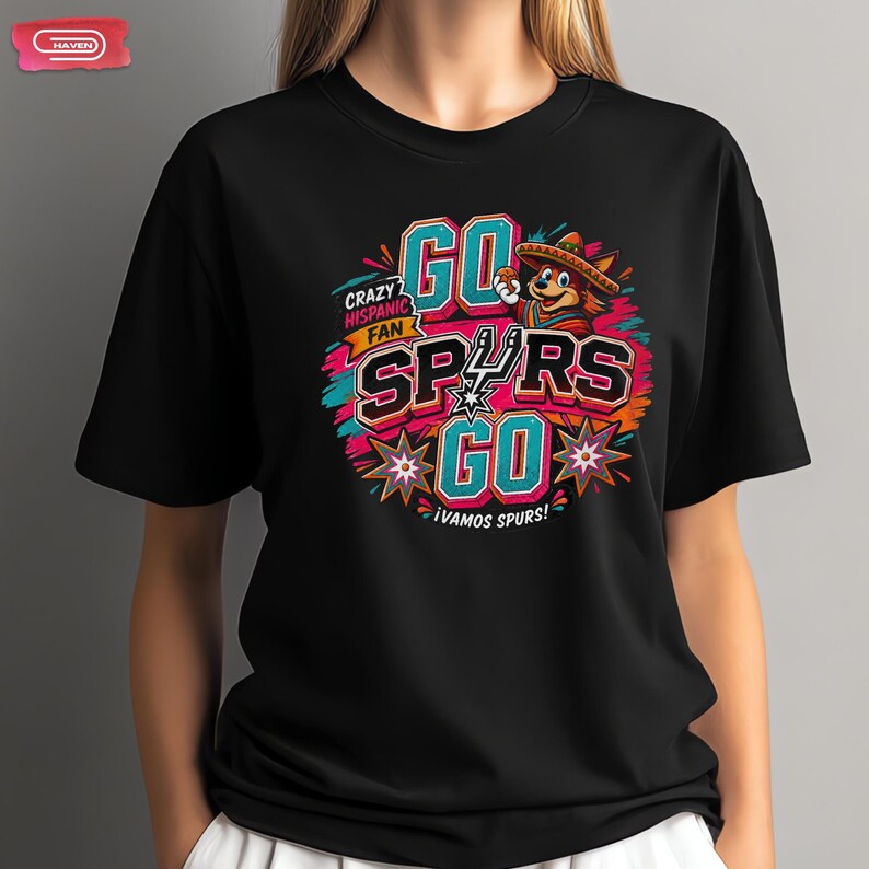 Colorful retro-style San Antonio Spurs basketball graphic featuring a coyote mascot wearing a sombrero, with bold 3D text reading Crazy Hispanic Fan, Go Spurs Go, and ¡Vamos Spurs! in neon pink, teal, and orange on a black background.