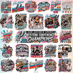 Pode incluir: Uma coleção de designs gráficos de basquete do San Antonio Spurs com logotipos de times, retratos de jogadores, texto de campeonato e paletas de cores vibrantes. As imagens incluem vários slogans como Go Spurs Go, Western Conference Champions e nomes de jogadores.