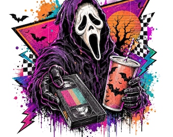 Retro jaren 90 slasher PNG sublimatieontwerp, horrorfilmavond spookshirt PNG, vintage VHS-band griezelig seizoen Halloween clipart