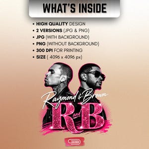 A promotional graphic featuring singers Chris Brown and Usher back-to-back, with the text "Raymond & Brown R and B" in sparkly pink and white lettering against a dark geometric background.