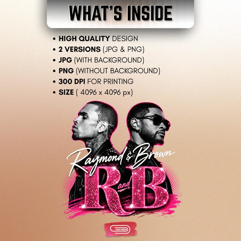 A promotional graphic featuring singers Chris Brown and Usher back-to-back, with the text "Raymond & Brown R and B" in sparkly pink and white lettering against a dark geometric background.