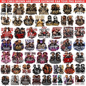 Könnte beinhalten: Eine digitale Sammlung von Grafikdesigns mit Chris Brown und Usher, die verschiedene R&B-Tour-Logos, stilisierte Porträts und auffällige Typografie zeigen. Die Bilder enthalten künstlerische Illustrationen, Konzert-Branding und musikalische Themen.
