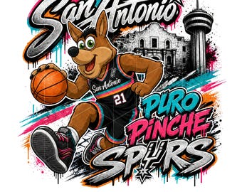 May include: A digital illustration of a cartoon coyote dribbling a basketball, with the text "San Antonio" and "Puro Pinche Spurs". The image includes the Spurs logo, the Alamo, and the Tower of the Americas in the background.