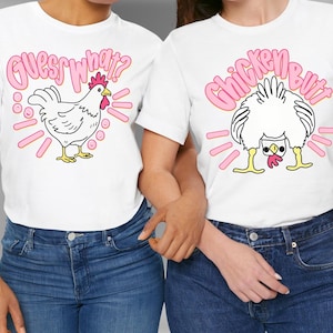 Digital download of 'Guess What? Chicken Butt' PNG bundle featuring front and back designs in a preppy pink and white retro style for matching sublimation shirts and DTF transfers.