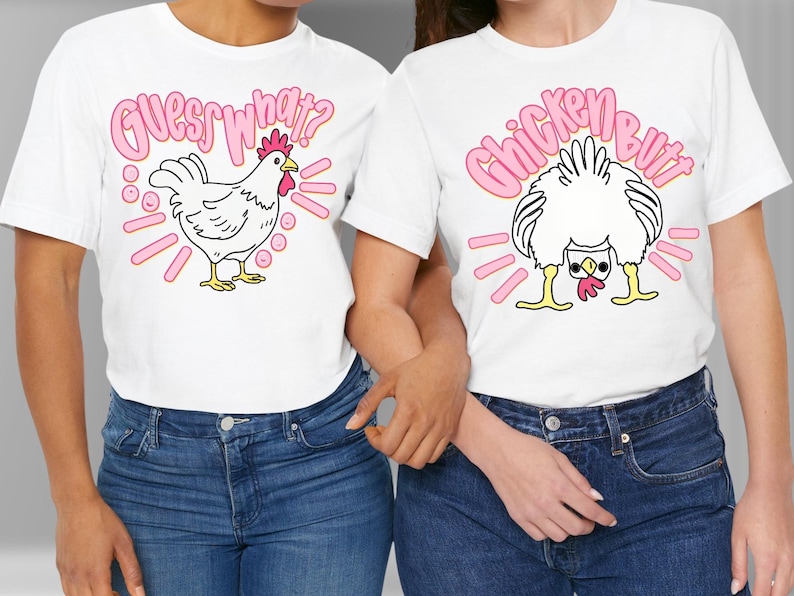 Digital download of 'Guess What? Chicken Butt' PNG bundle featuring front and back designs in a preppy pink and white retro style for matching sublimation shirts and DTF transfers.
