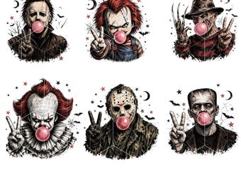 Pacote de PNGs de Personagens de Terror, Sublimação de Filmes de Terror, Clipart Retrô de Camiseta Assustadora com Estampa de Chiclete, Download Digital de Vilões de Halloween em 300 DPI