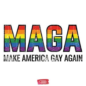 Pode incluir: Fundo branco com o texto "MAGA" em cores do arco-íris, com as palavras "MAKE AMERICA GAY AGAIN" em baixo em preto. As letras têm um efeito desgastado e texturizado.